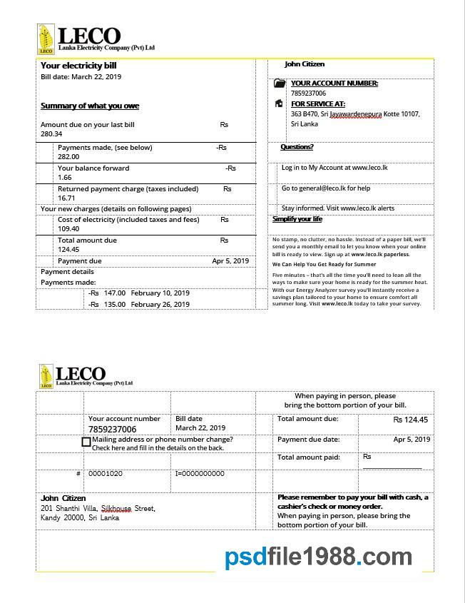 Sri Lanka LECO Electricity Bill